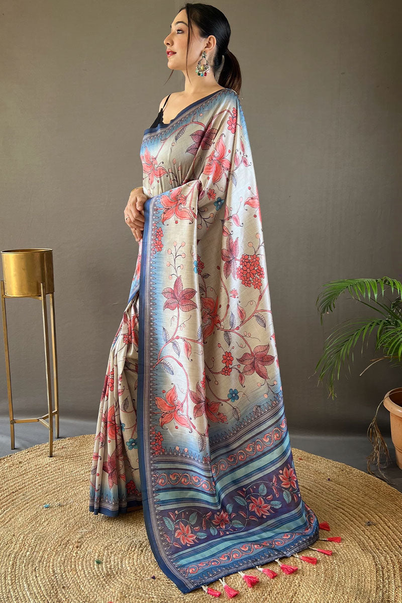 Beige and Blue Printed Soft Silk Saree