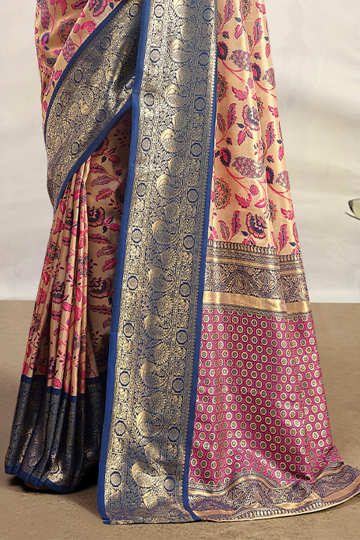 Beige and Blue Zari Woven Banarasi Silk Saree