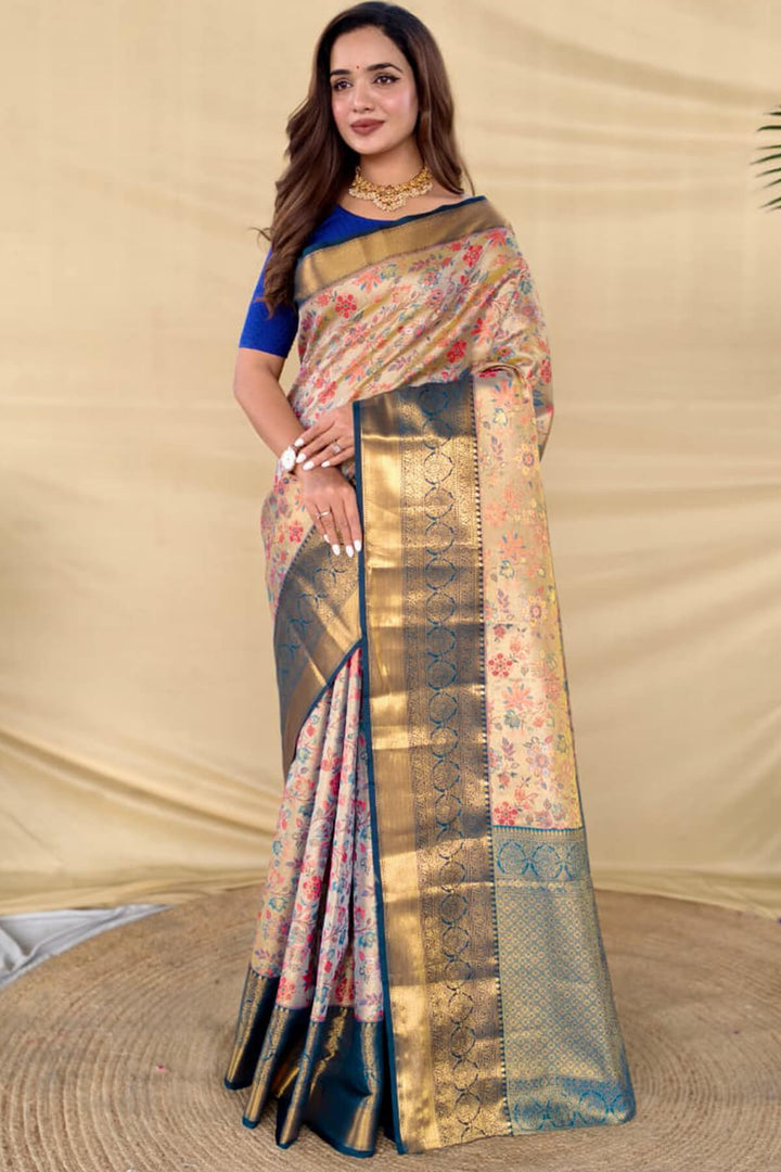 Beige and Blue Zari Woven Kanjivaram Silk Saree