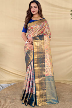 Beige and Blue Zari Woven Kanjivaram Silk Saree