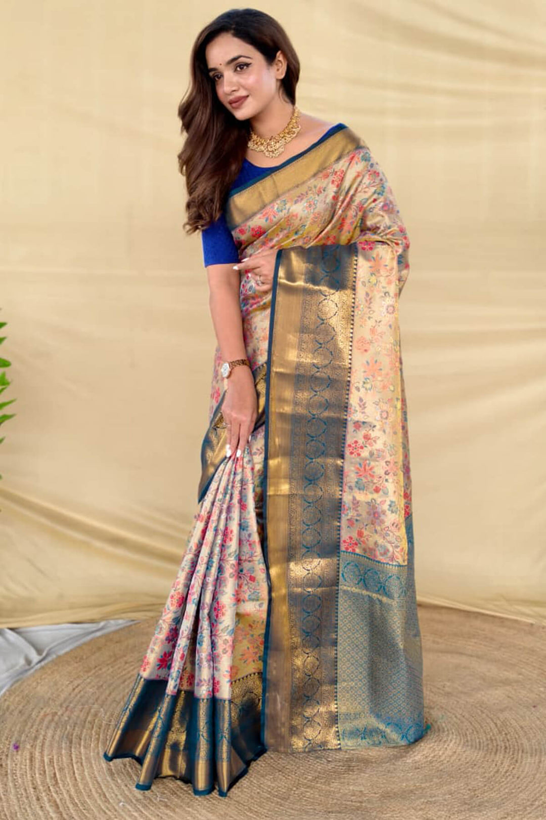 Beige and Blue Zari Woven Kanjivaram Silk Saree