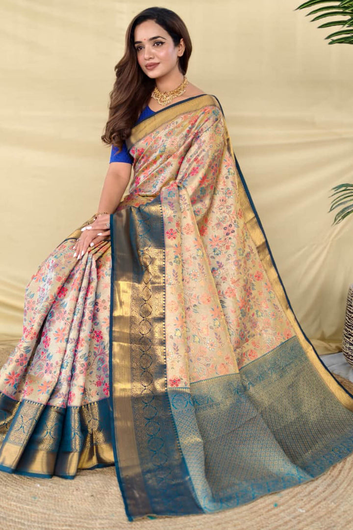 Beige and Blue Zari Woven Kanjivaram Silk Saree