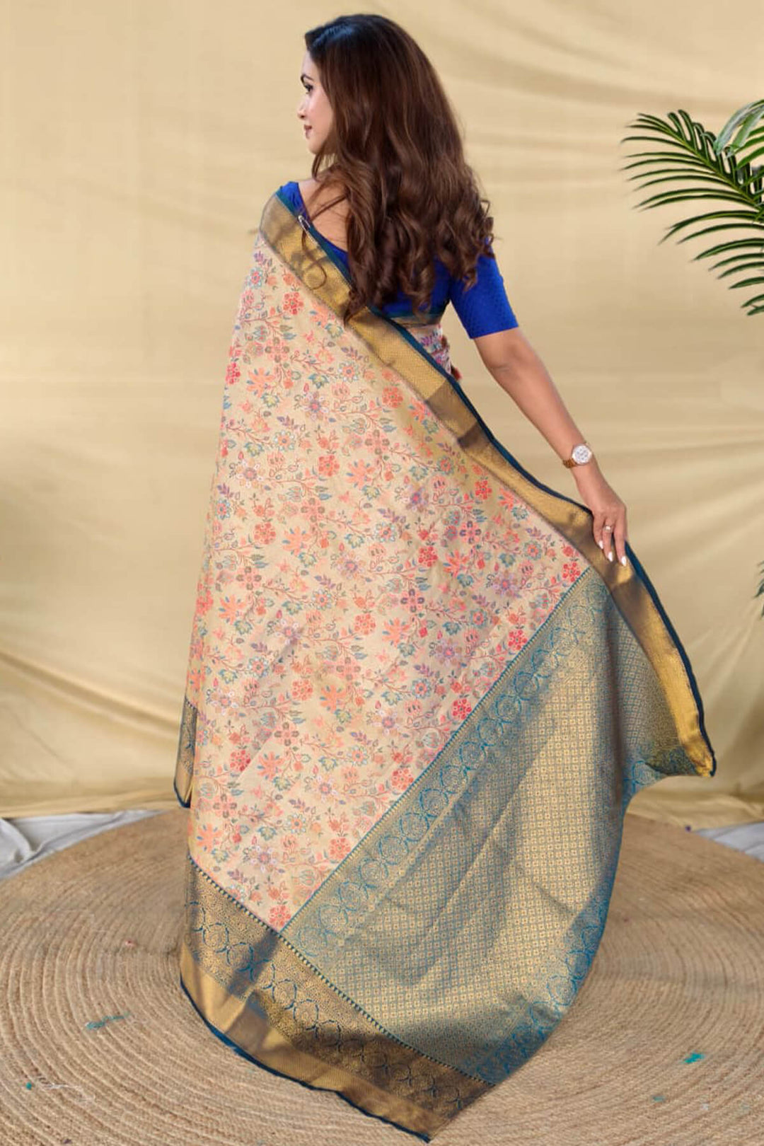 Beige and Blue Zari Woven Kanjivaram Silk Saree
