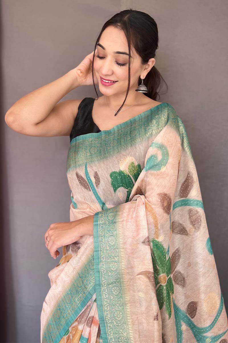 Beige and Blue Zari Woven Printed Silk Saree