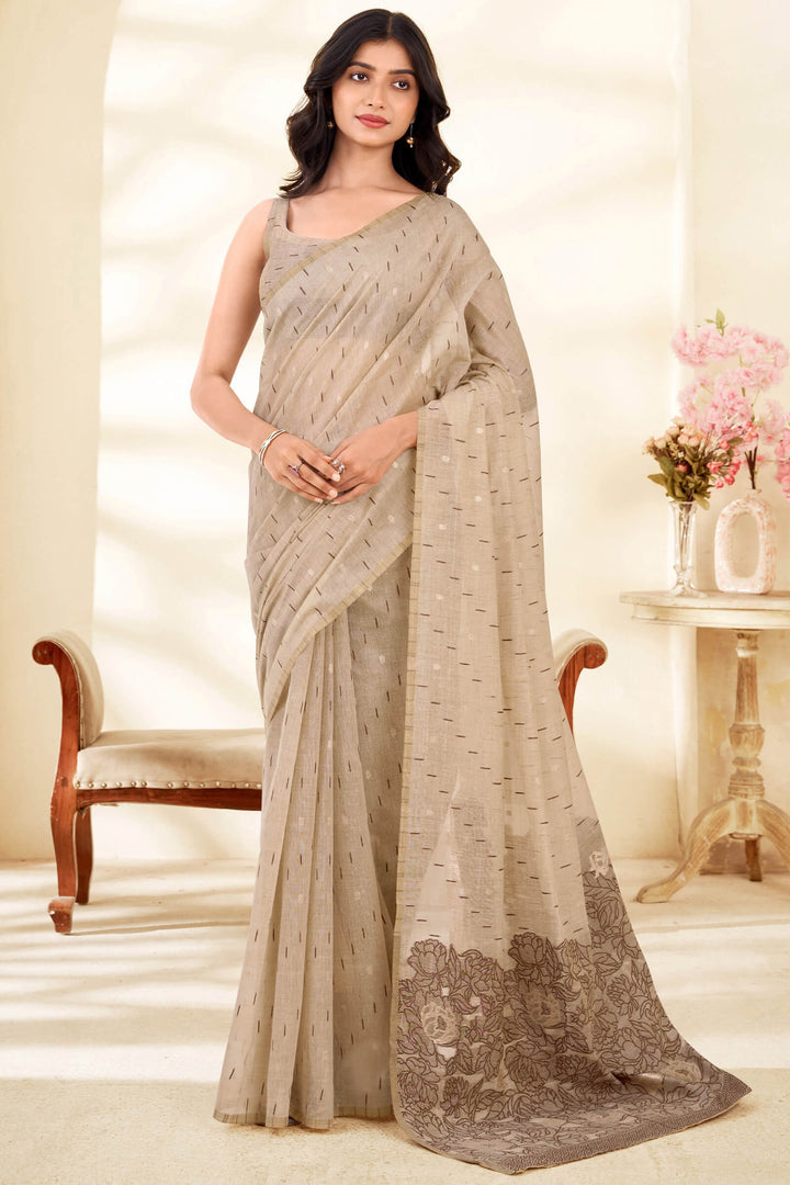 Beige and Brown Cotton Silk Saree