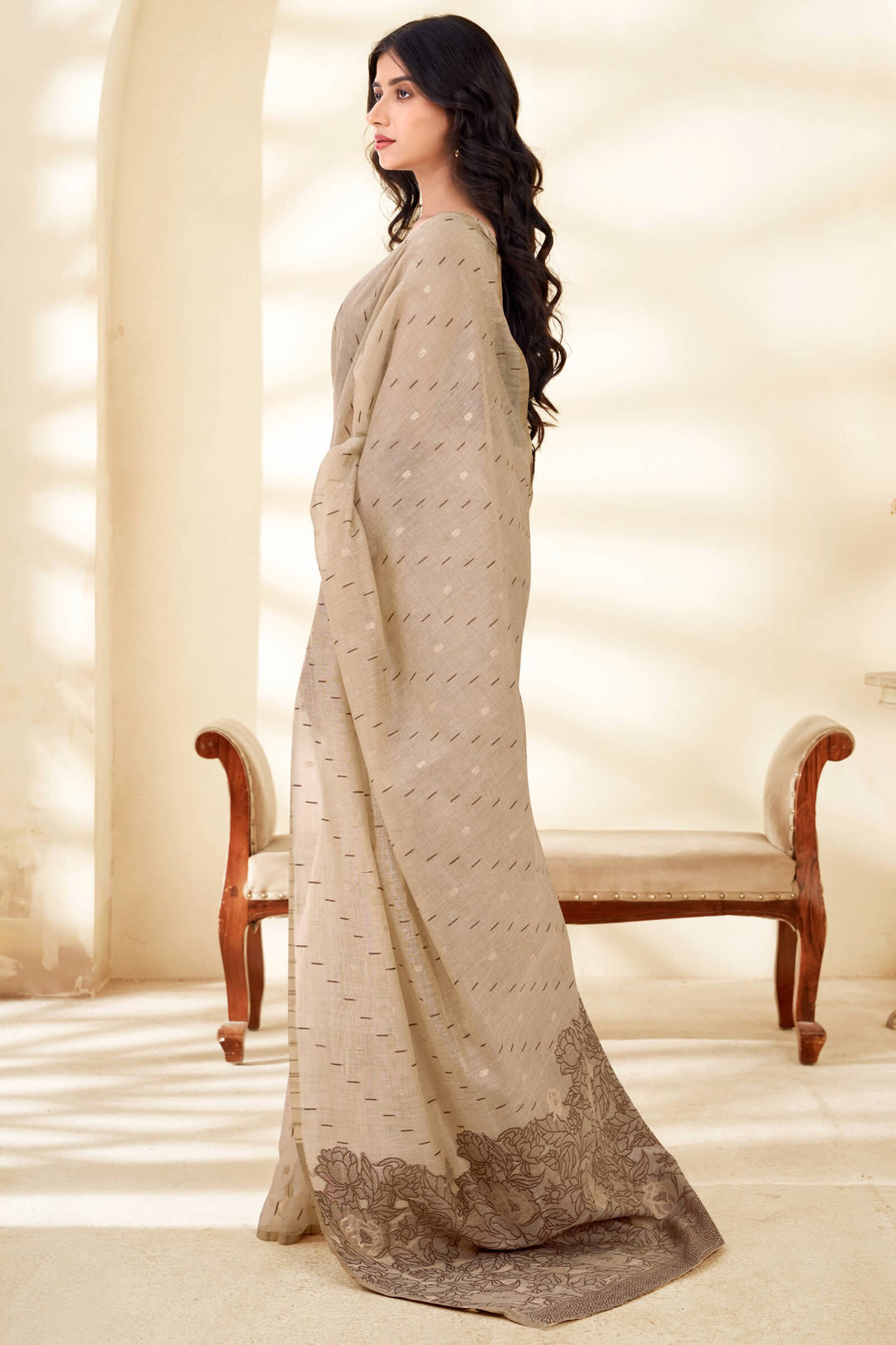 Beige and Brown Cotton Silk Saree