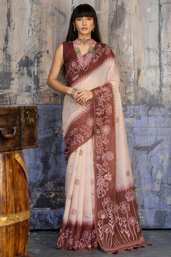 Beige and Brown Handloom Munga cotton Silk Saree