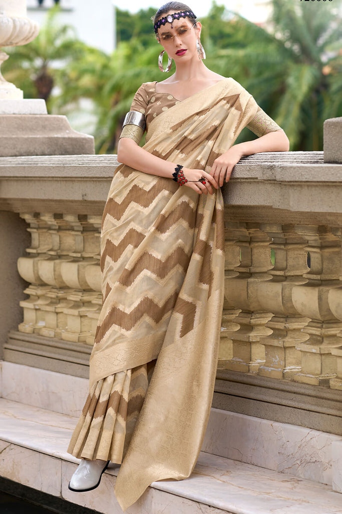 Beige and Brown Linen Cotton silk Saree