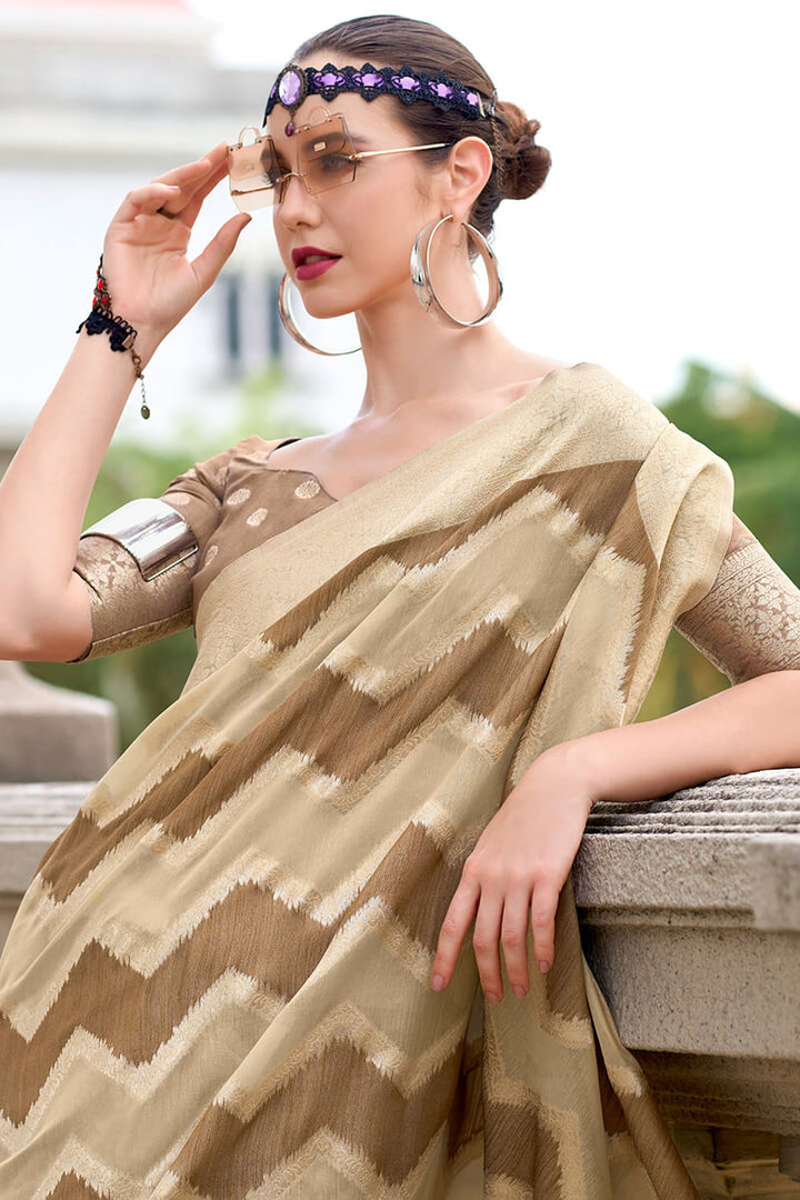 Beige and Brown Linen Cotton silk Saree