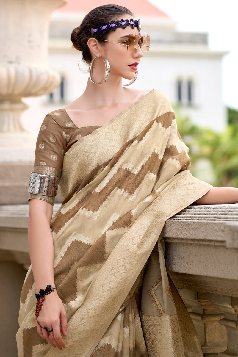 Beige and Brown Linen Cotton silk Saree