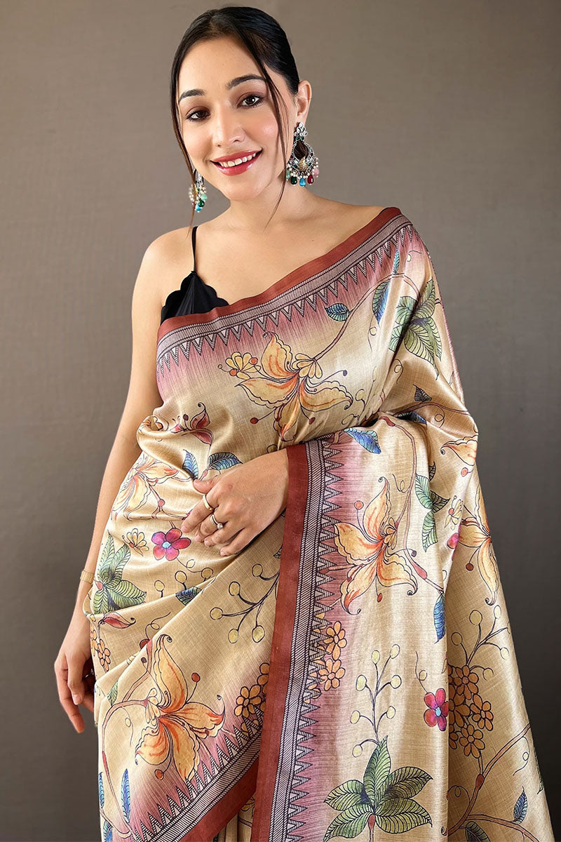 Beige and Brown Printed Soft Silk Saree