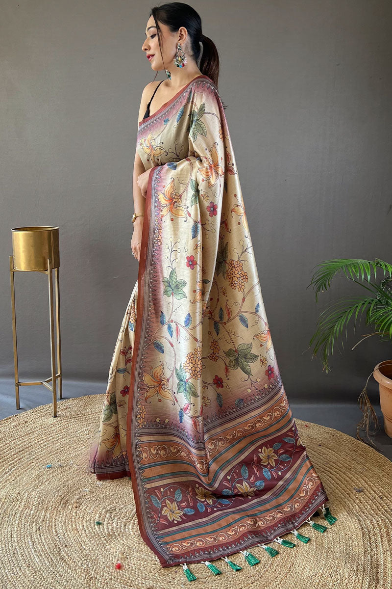 Beige and Brown Printed Soft Silk Saree