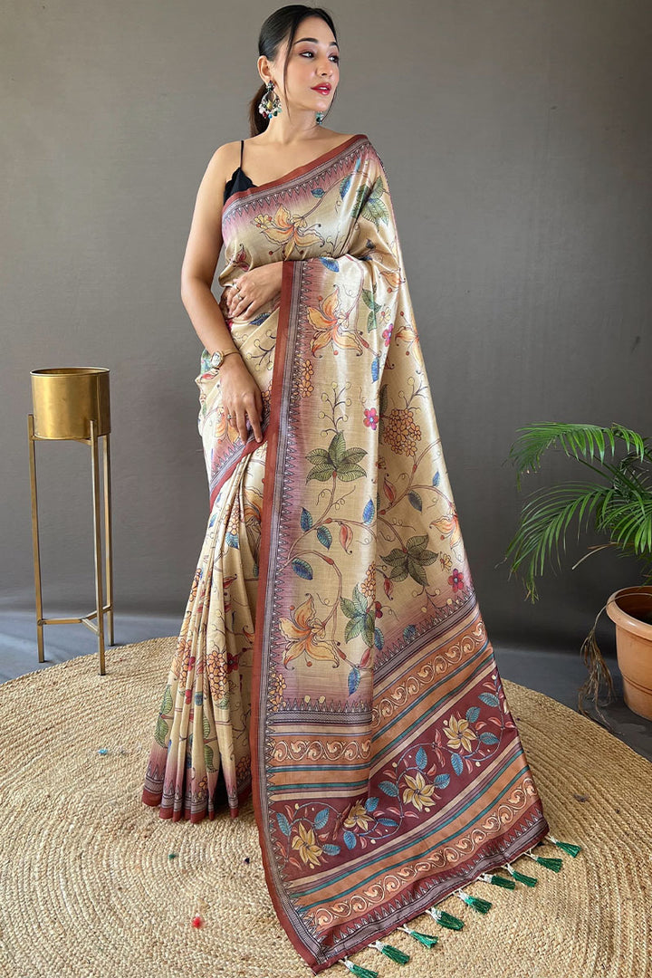 Beige and Brown Printed Soft Silk Saree