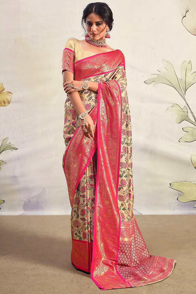 Beige and Dark Pink Zari Woven Banarasi Silk Saree