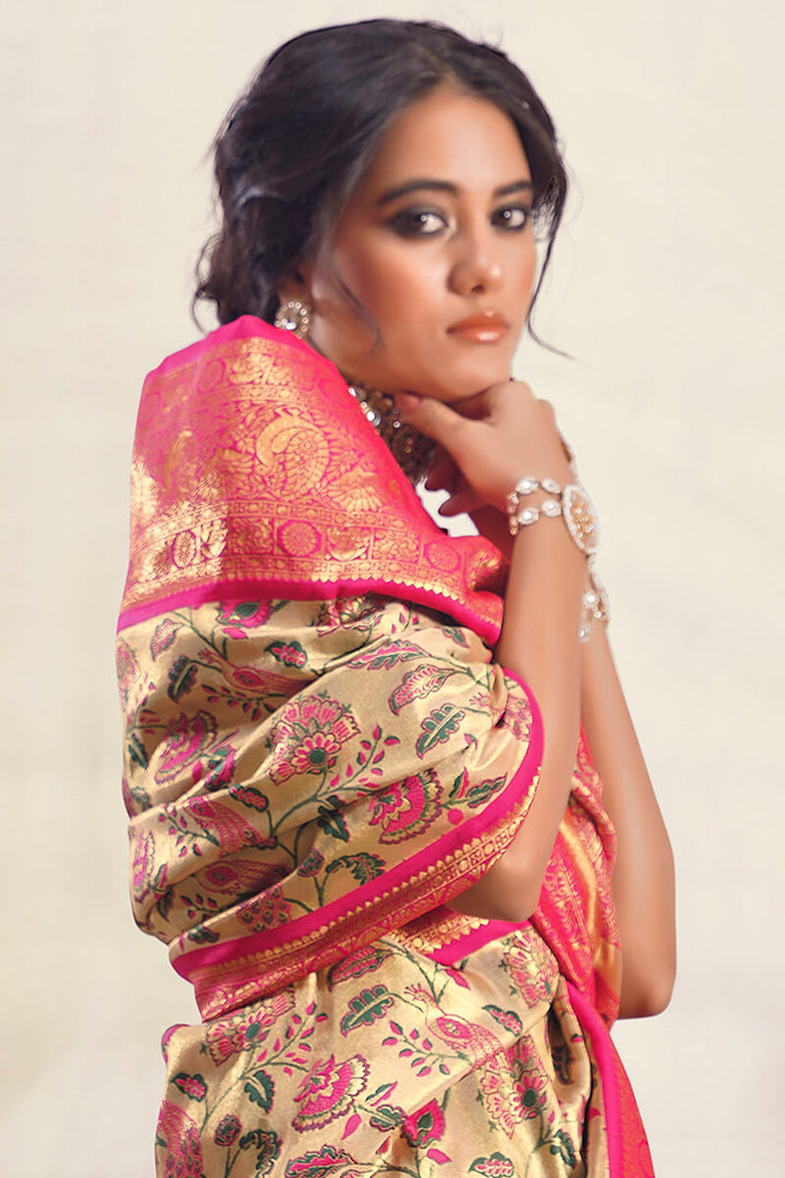 Beige and Dark Pink Zari Woven Banarasi Silk Saree