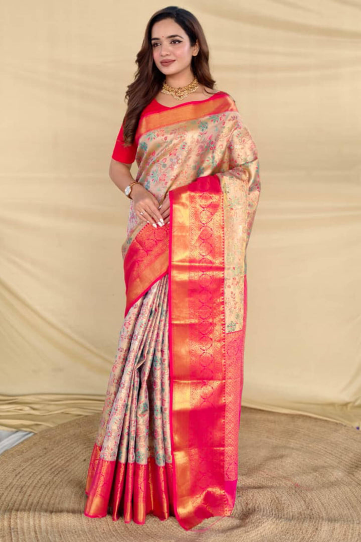 Beige and Dark Pink Zari Woven Kanjivaram Silk Saree