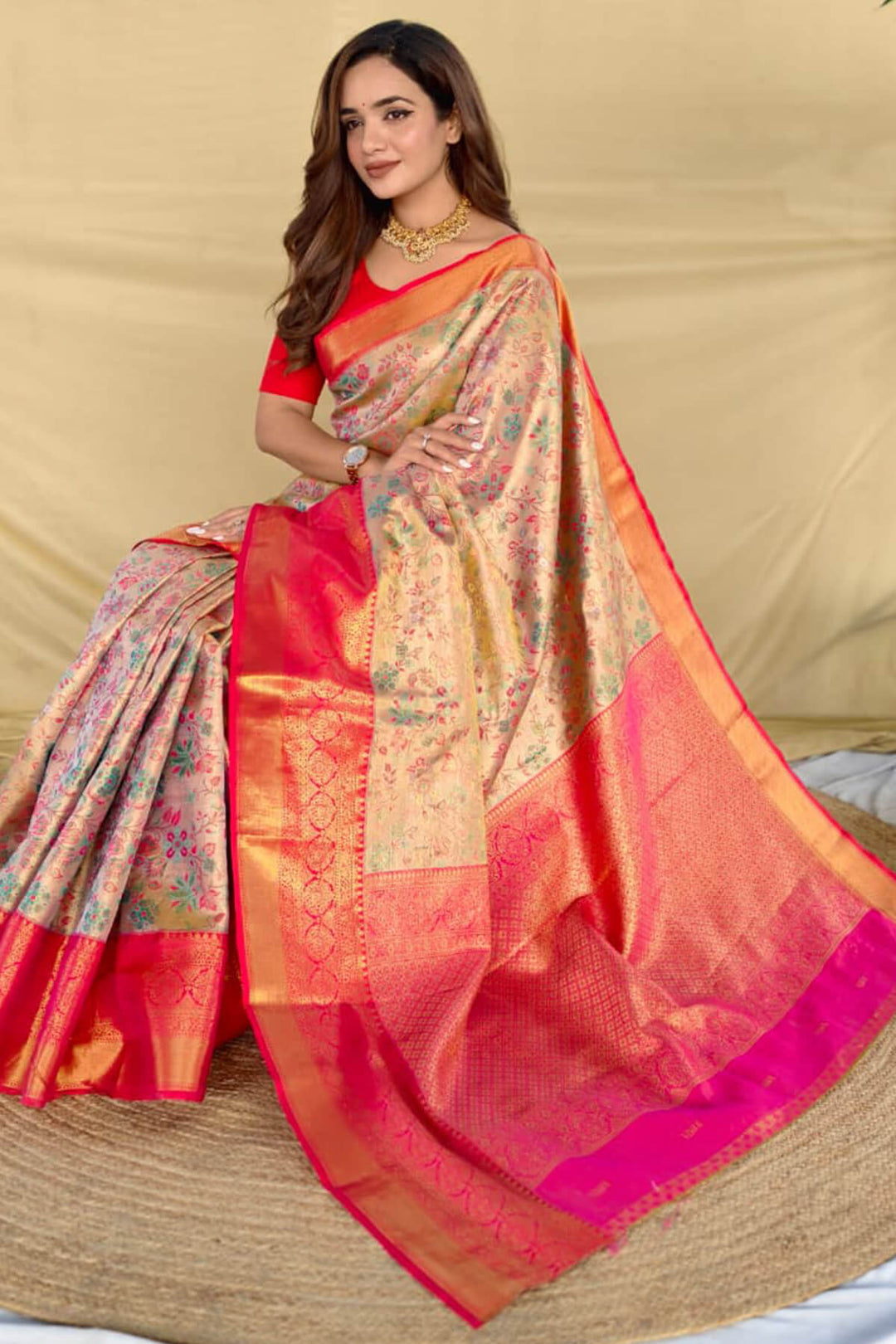 Beige and Dark Pink Zari Woven Kanjivaram Silk Saree