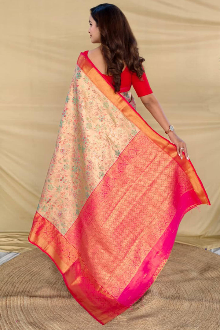 Beige and Dark Pink Zari Woven Kanjivaram Silk Saree