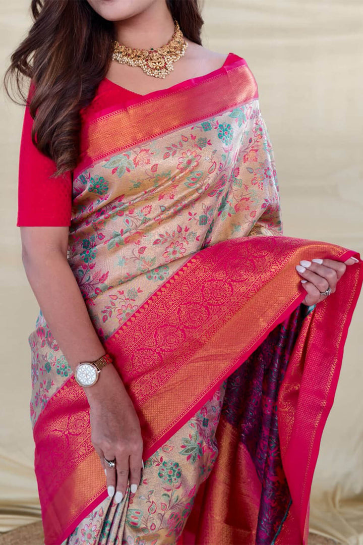 Beige and Dark Pink Zari Woven Kanjivaram Silk Saree