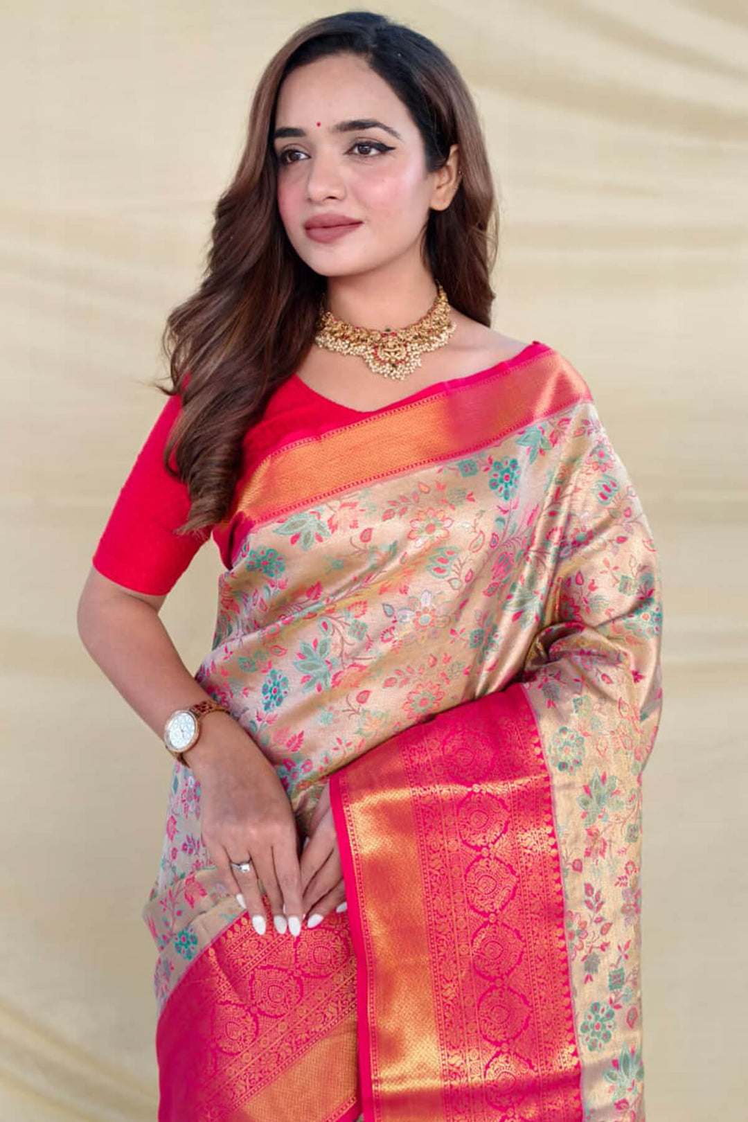 Beige and Dark Pink Zari Woven Kanjivaram Silk Saree