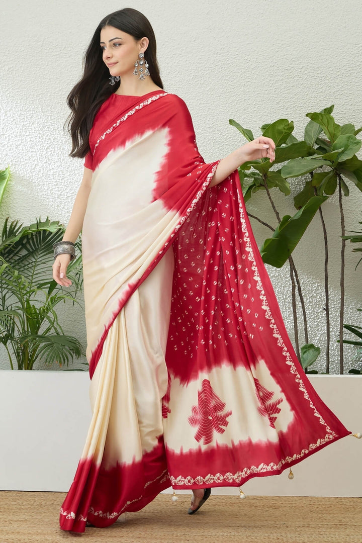 Beige and Dark Red Printed Satin Silk Saree