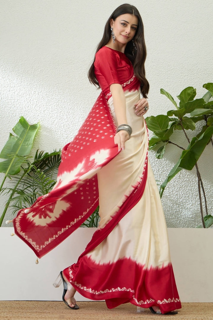 Beige and Dark Red Printed Satin Silk Saree