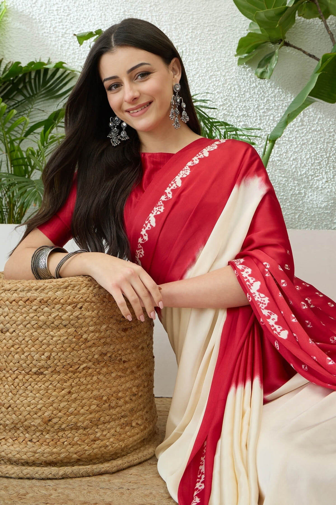 Beige and Dark Red Printed Satin Silk Saree