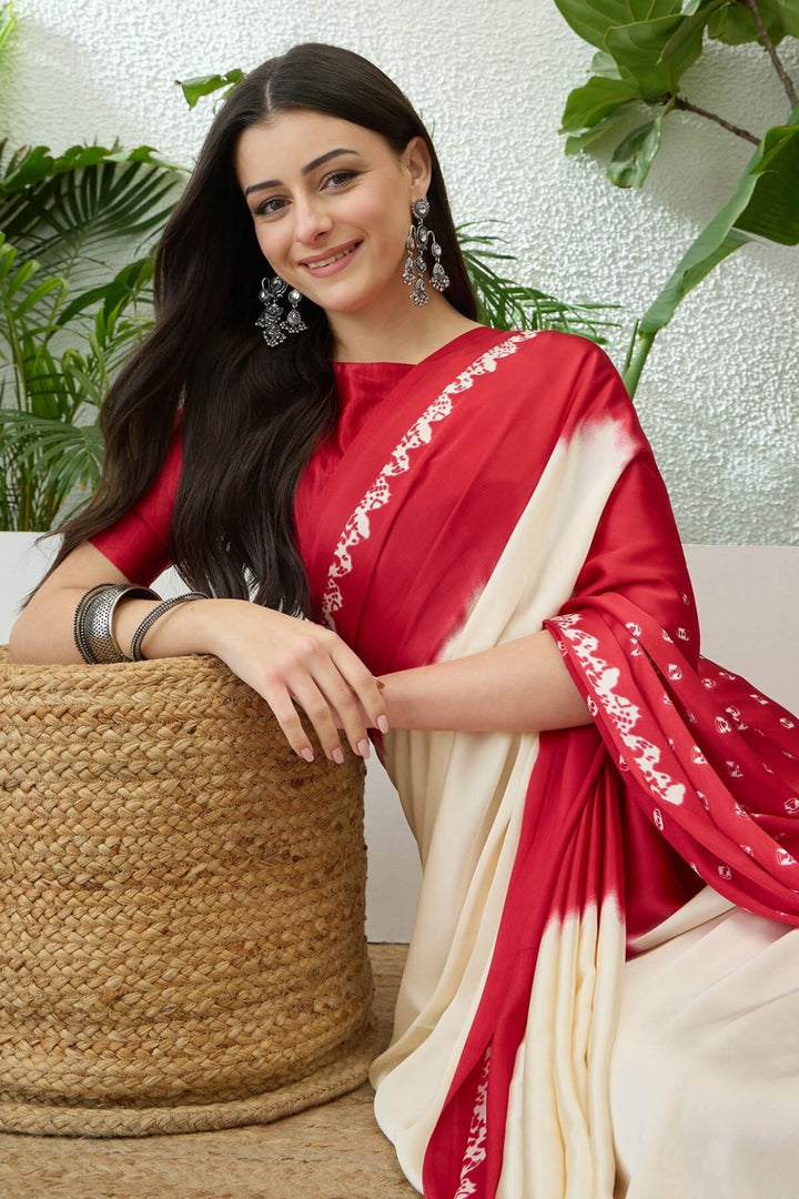 Beige and Dark Red Printed Satin Silk Saree