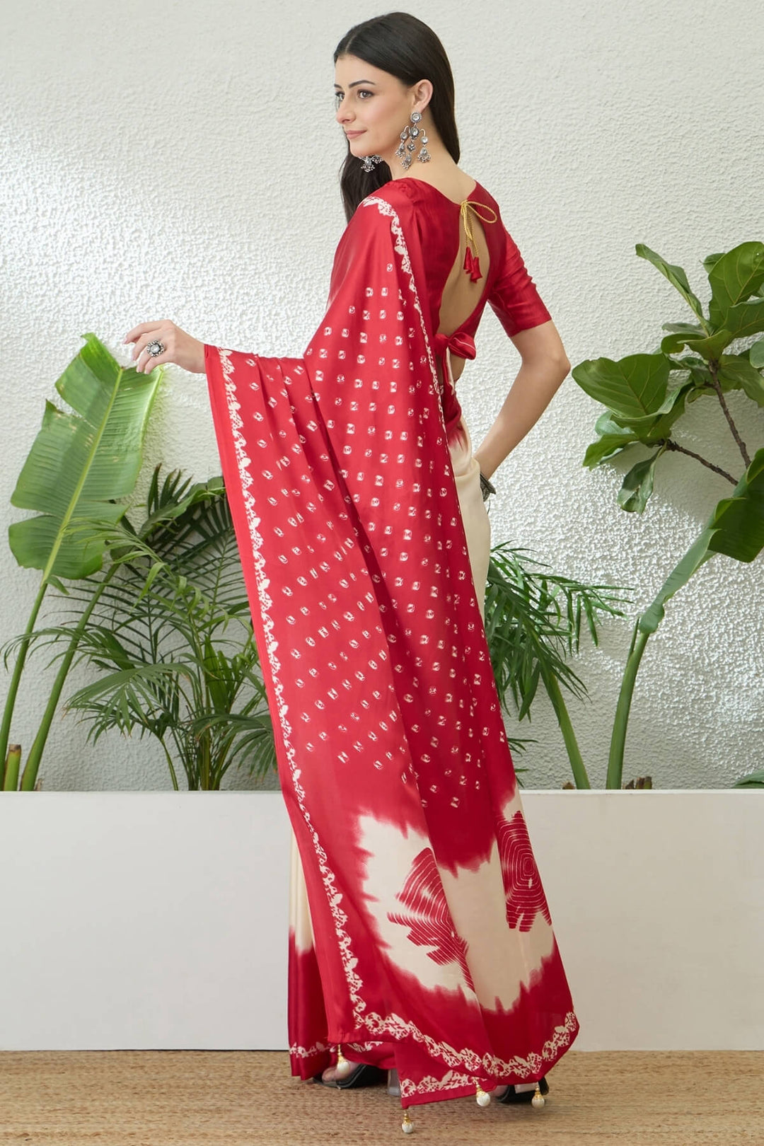 Beige and Dark Red Printed Satin Silk Saree