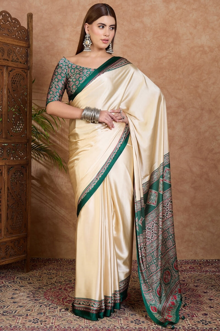 Beige and Green Ajrakh Printed Satin Silk Saree