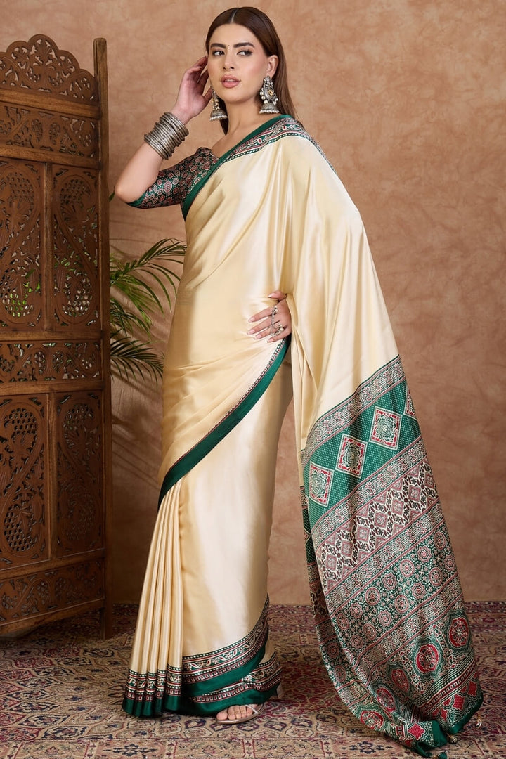 Beige and Green Ajrakh Printed Satin Silk Saree