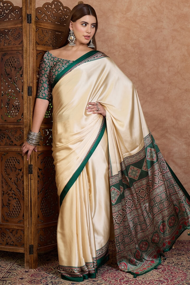 Beige and Green Ajrakh Printed Satin Silk Saree