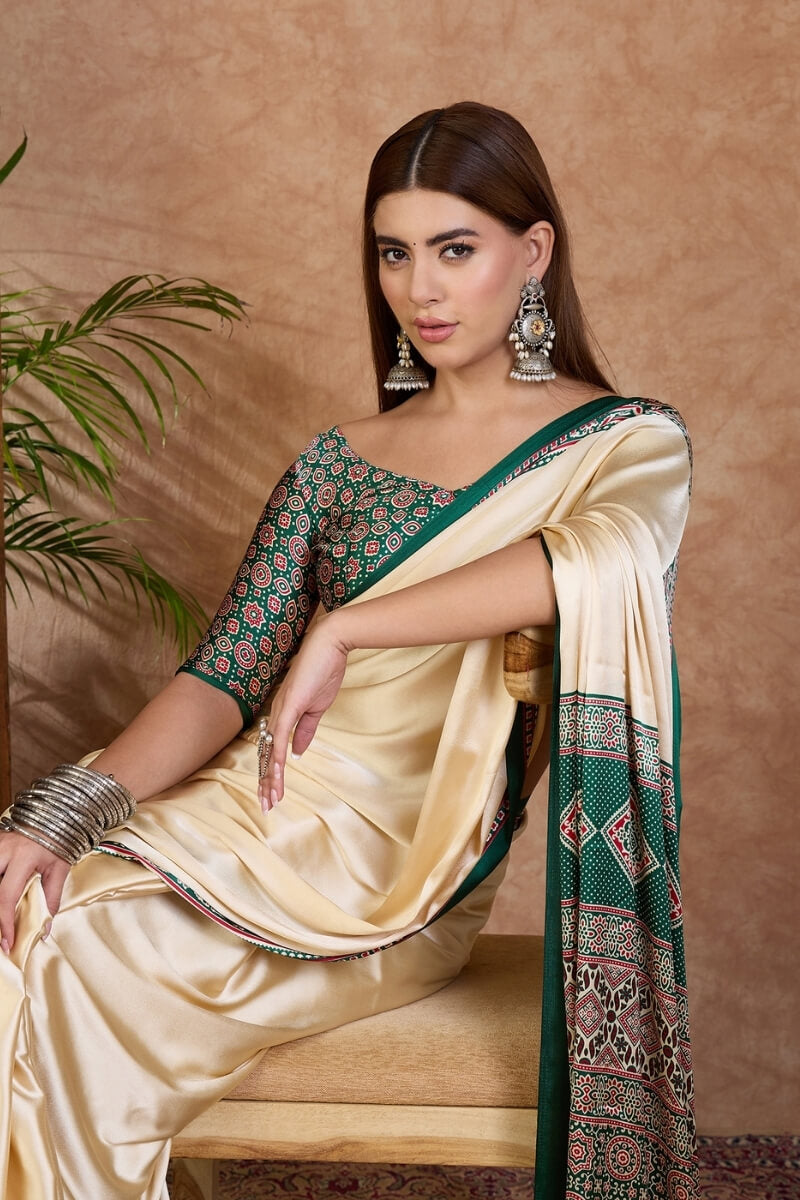Beige and Green Ajrakh Printed Satin Silk Saree