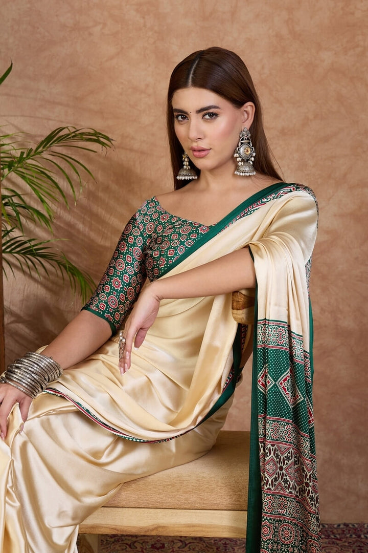 Beige and Green Ajrakh Printed Satin Silk Saree