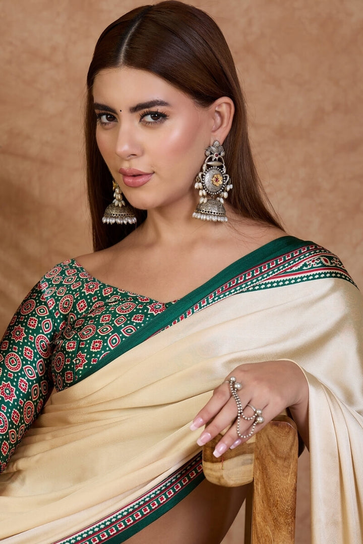 Beige and Green Ajrakh Printed Satin Silk Saree