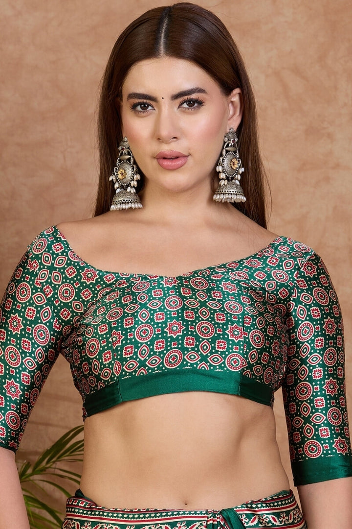 Beige and Green Ajrakh Printed Satin Silk Saree