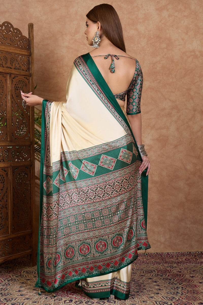 Beige and Green Ajrakh Printed Satin Silk Saree