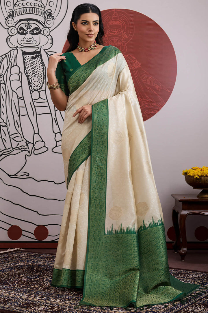 Beige and Green Banarasi Paper Silk Saree