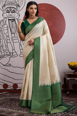 Beige and Green Banarasi Paper Silk Saree