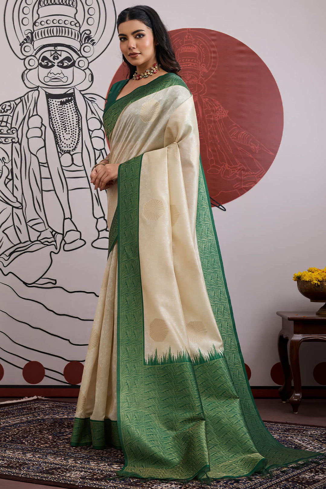 Beige and Green Banarasi Paper Silk Saree