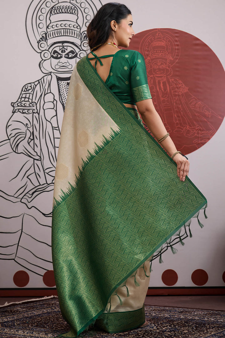 Beige and Green Banarasi Paper Silk Saree