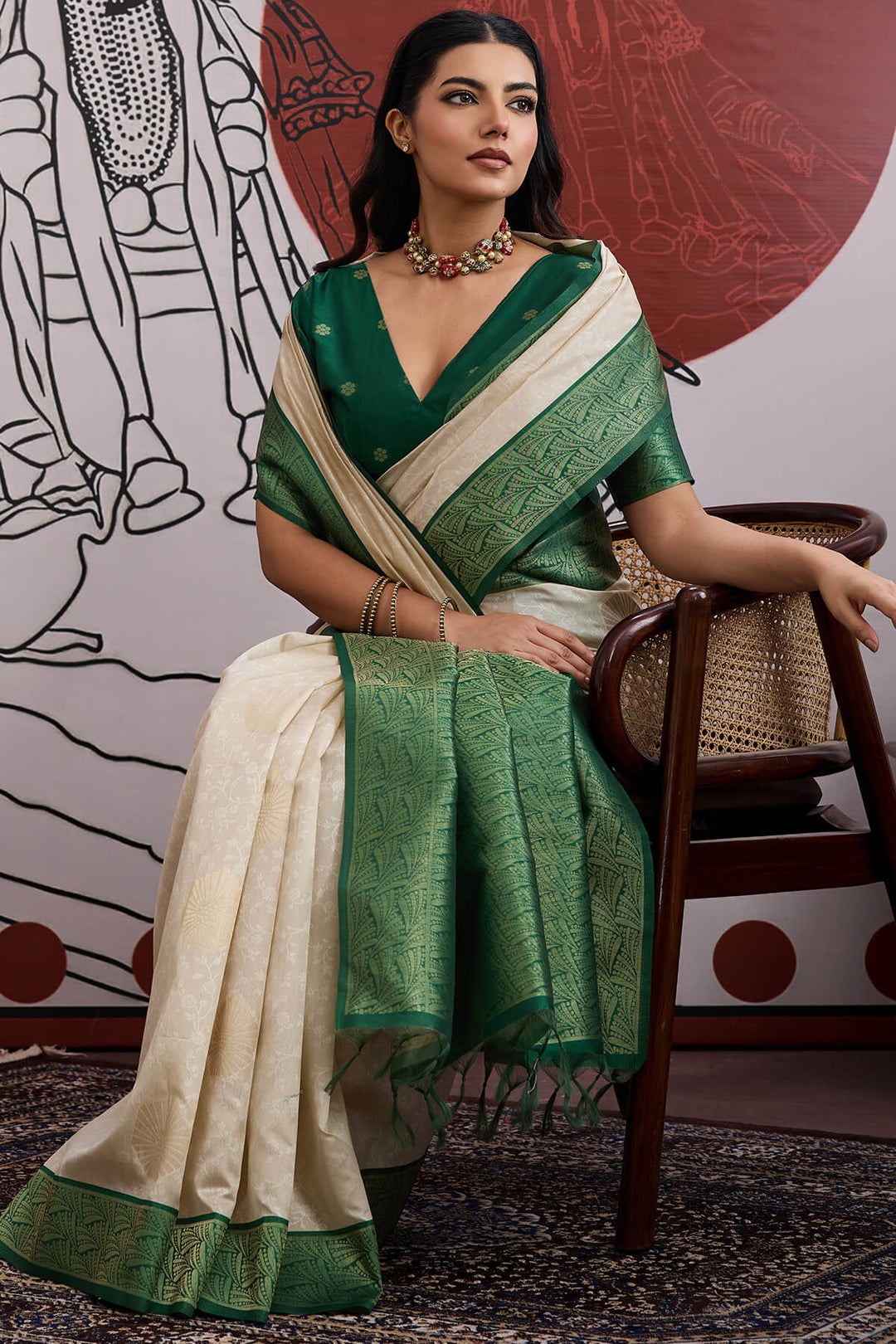 Beige and Green Banarasi Paper Silk Saree