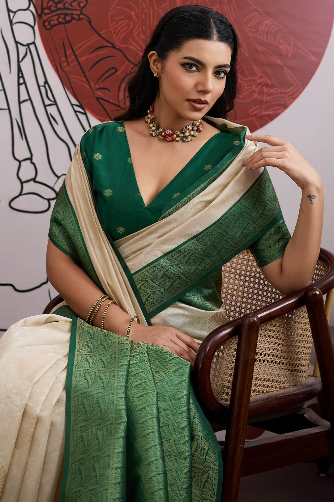 Beige and Green Banarasi Paper Silk Saree