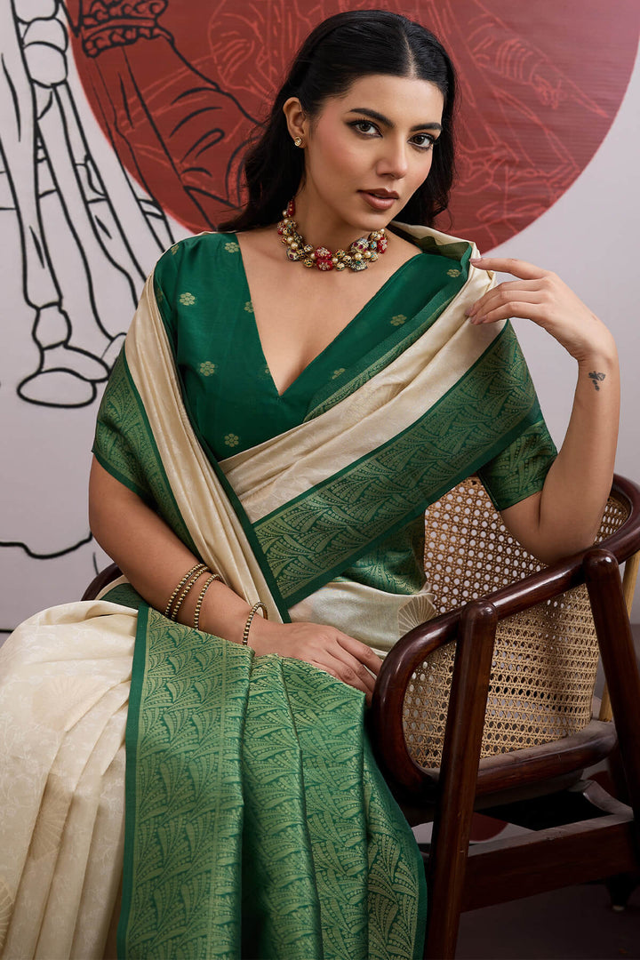 Beige and Green Banarasi Paper Silk Saree