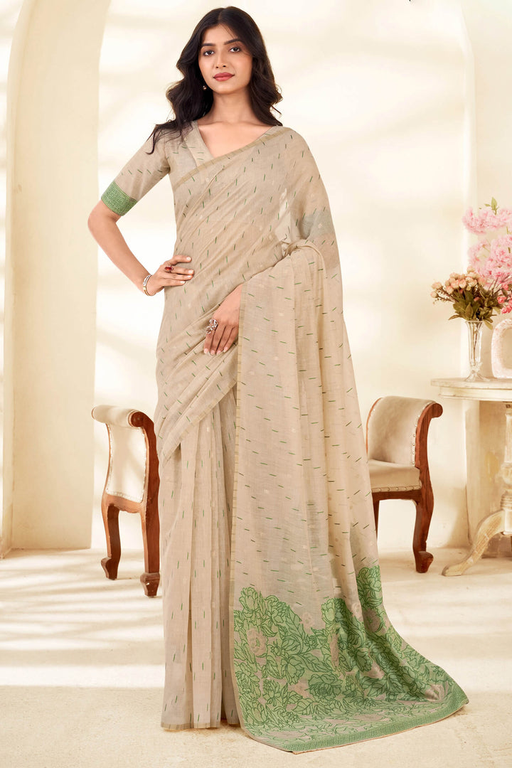 Beige and Green Cotton Silk Saree