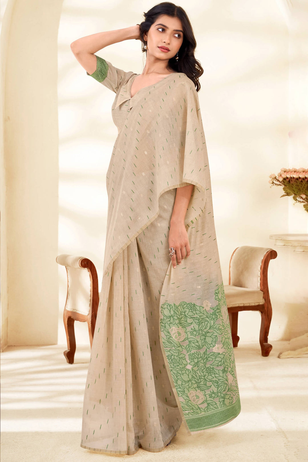 Beige and Green Cotton Silk Saree