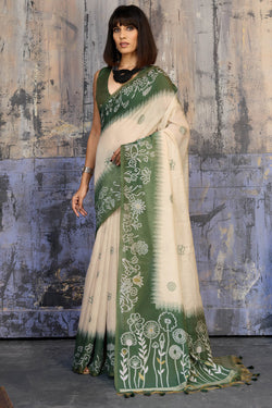 Beige and Green Handloom Munga cotton Silk Saree