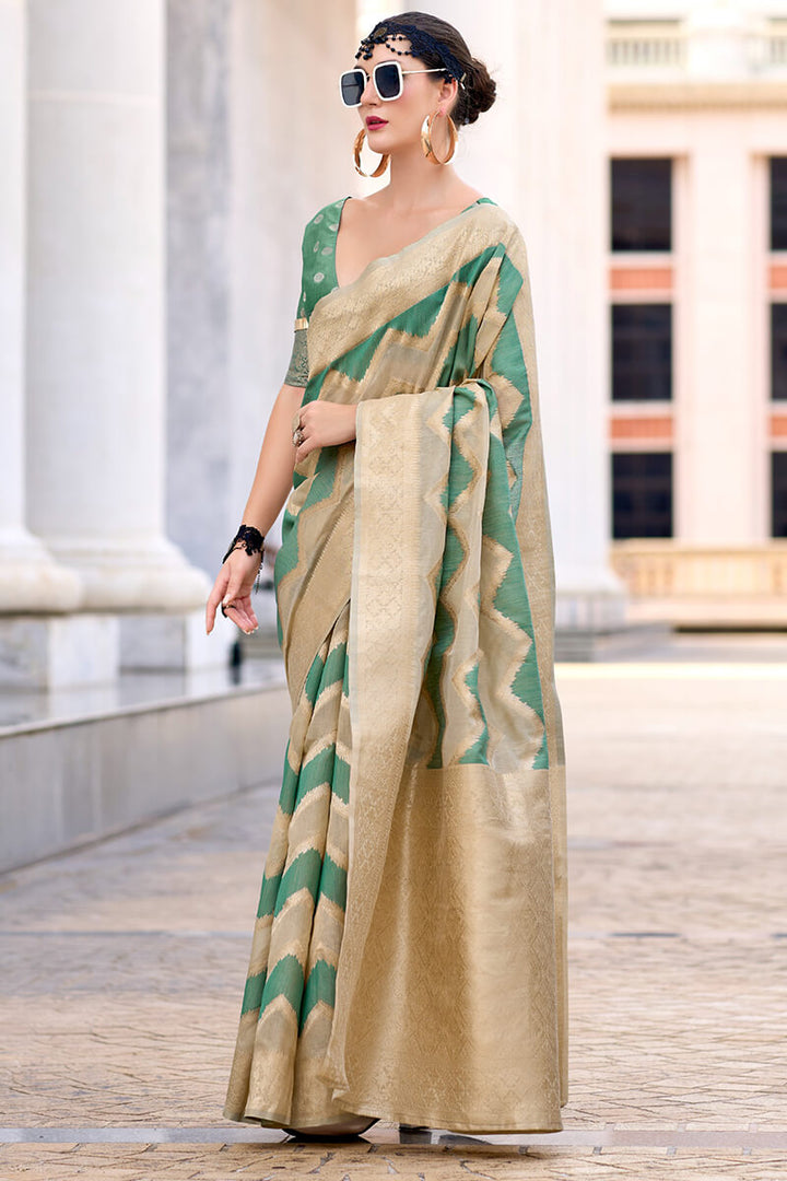 Beige and Green Linen Cotton silk Saree