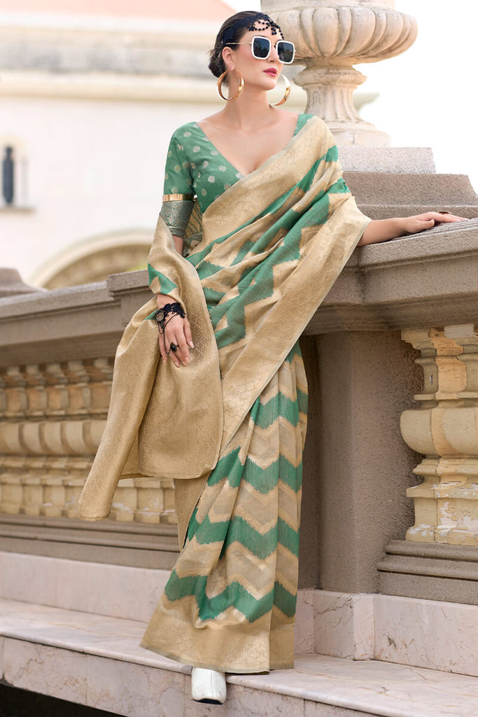 Beige and Green Linen Cotton silk Saree