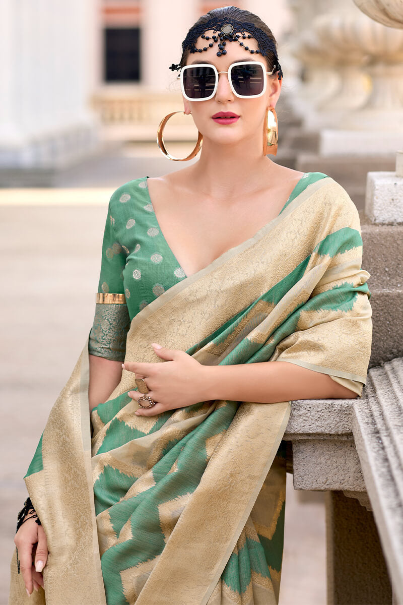 Beige and Green Linen Cotton silk Saree